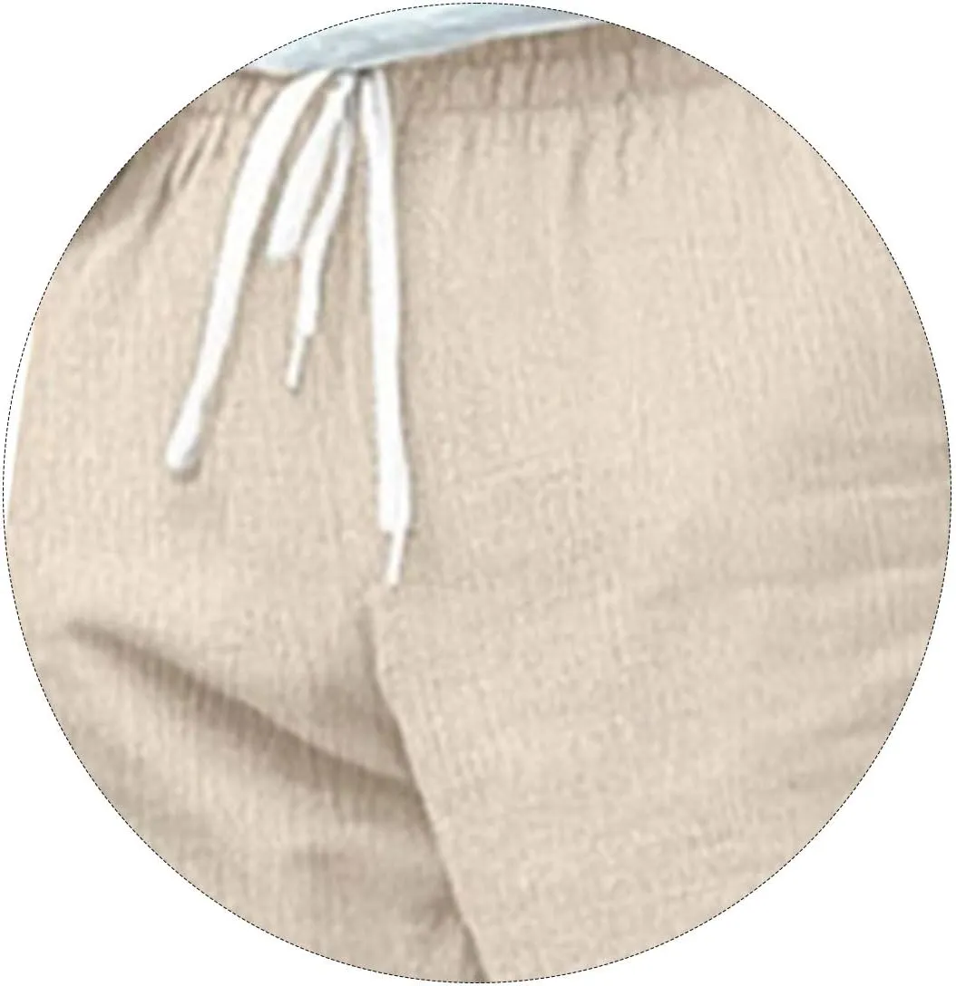 Mens Drawstring Elastic Waist Pants Cotton Linen Tapered Pants Lounge Lightweight Jogger Summer Beach Yoga Sweat Pant