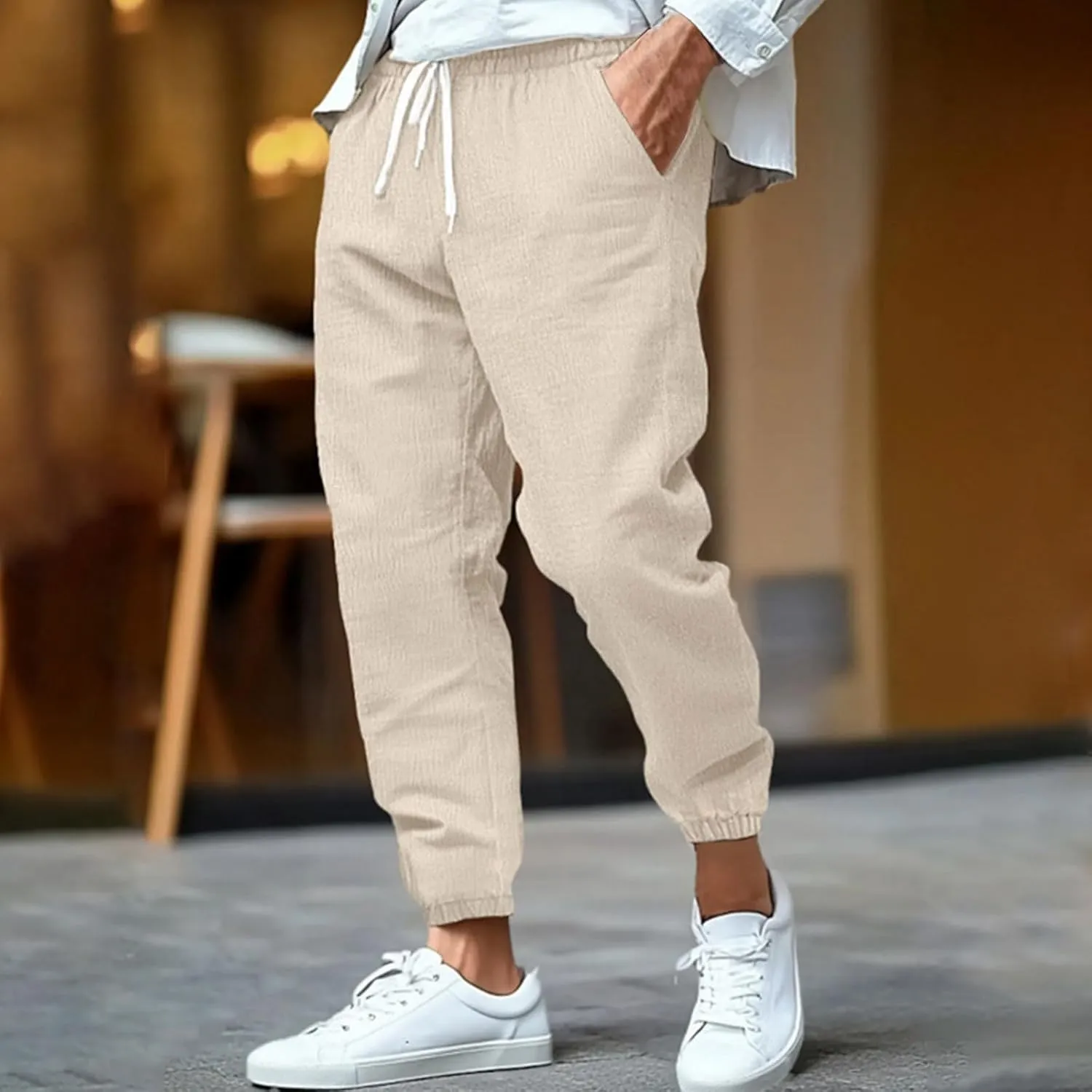 Mens Drawstring Elastic Waist Pants Cotton Linen Tapered Pants Lounge Lightweight Jogger Summer Beach Yoga Sweat Pant