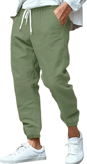 Mens Drawstring Elastic Waist Pants Cotton Linen Tapered Pants Lounge Lightweight Jogger Summer Beach Yoga Sweat Pant