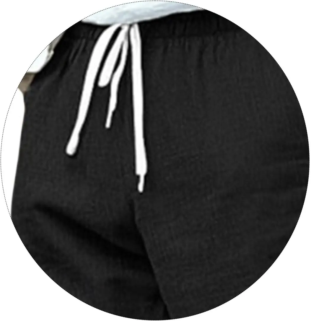 Mens Drawstring Elastic Waist Pants Cotton Linen Tapered Pants Lounge Lightweight Jogger Summer Beach Yoga Sweat Pant