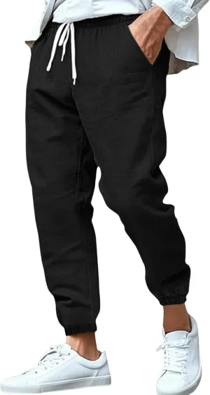 Mens Drawstring Elastic Waist Pants Cotton Linen Tapered Pants Lounge Lightweight Jogger Summer Beach Yoga Sweat Pant
