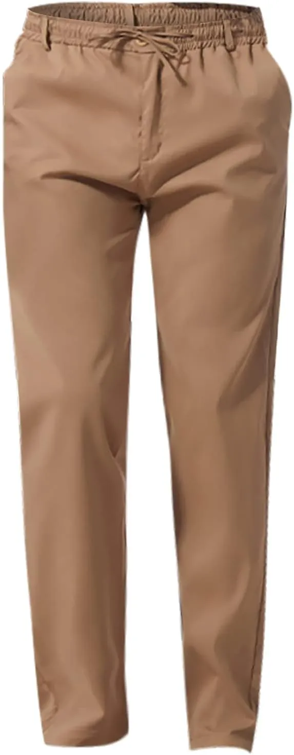 Men's Drawstring Linen Pants Lightweight Casual Regular Fit Elastic Waist Twill Pant Straight Summer Beach Trousers