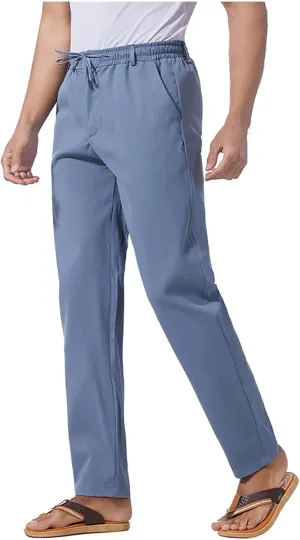 Men's Drawstring Linen Pants Lightweight Casual Regular Fit Elastic Waist Twill Pant Straight Summer Beach Trousers