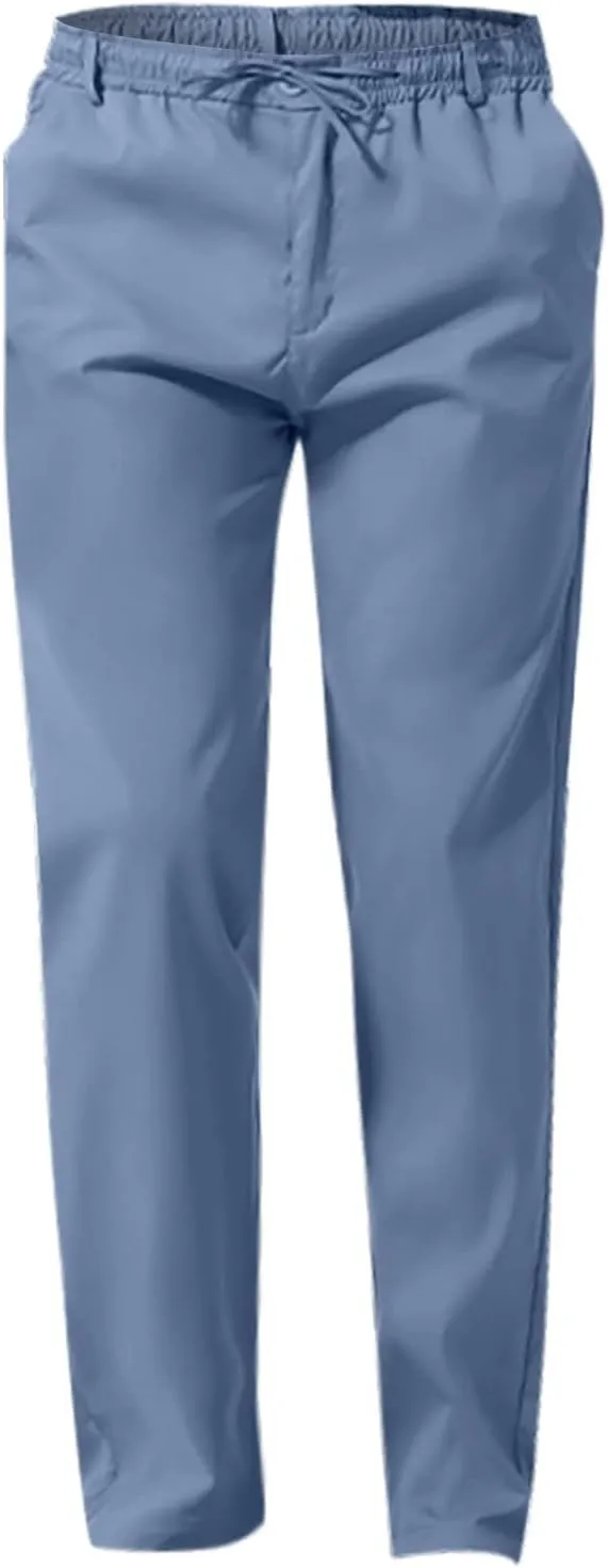 Men's Drawstring Linen Pants Lightweight Casual Regular Fit Elastic Waist Twill Pant Straight Summer Beach Trousers