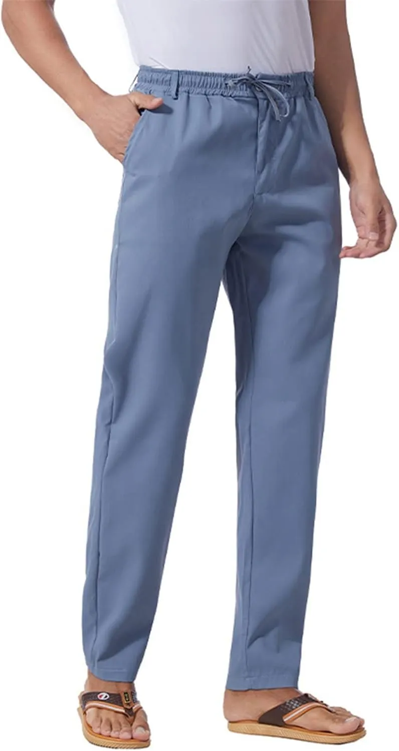 Men's Drawstring Linen Pants Lightweight Casual Regular Fit Elastic Waist Twill Pant Straight Summer Beach Trousers
