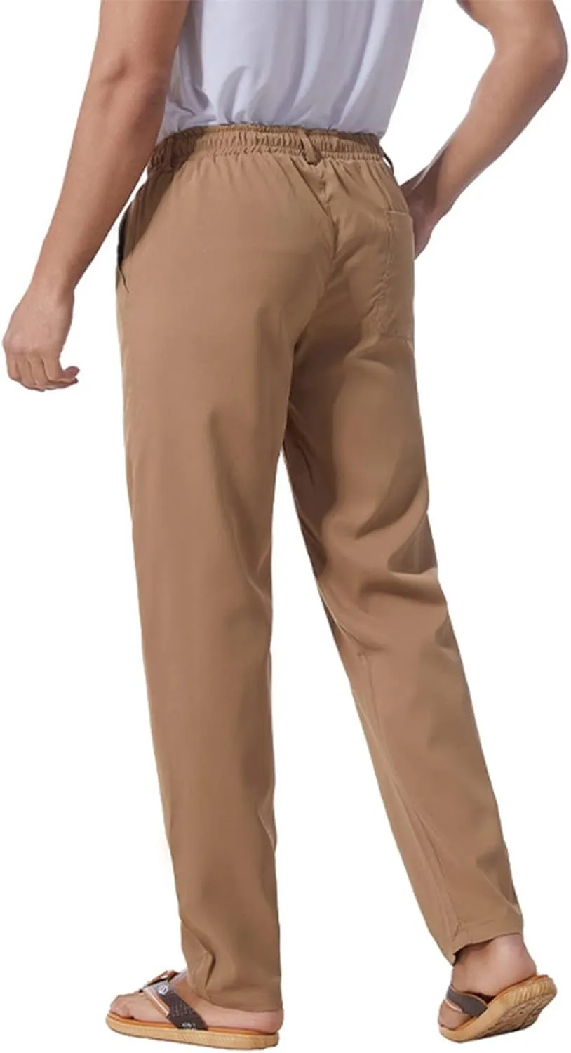 Men's Drawstring Linen Pants Lightweight Casual Regular Fit Elastic Waist Twill Pant Straight Summer Beach Trousers