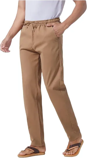 Men's Drawstring Linen Pants Lightweight Casual Regular Fit Elastic Waist Twill Pant Straight Summer Beach Trousers