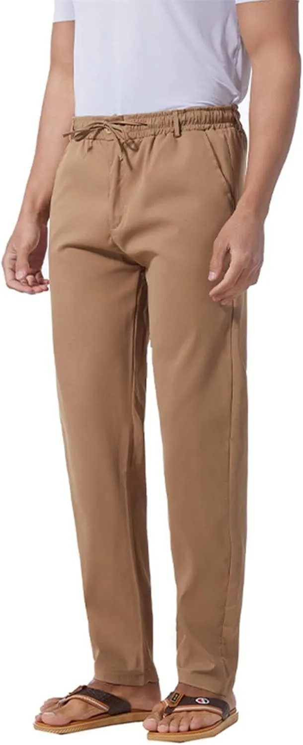 Men's Drawstring Linen Pants Lightweight Casual Regular Fit Elastic Waist Twill Pant Straight Summer Beach Trousers