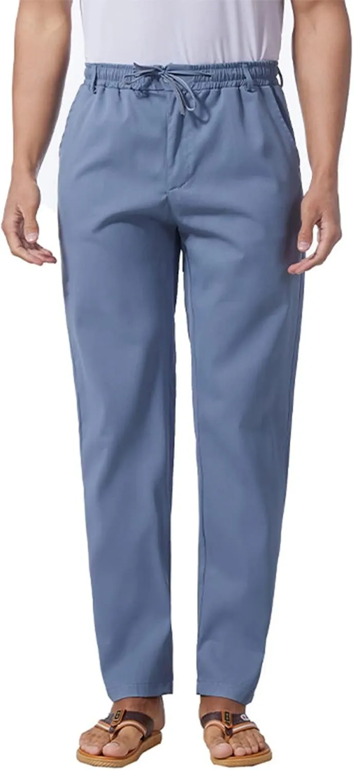 Men's Drawstring Linen Pants Lightweight Casual Regular Fit Elastic Waist Twill Pant Straight Summer Beach Trousers