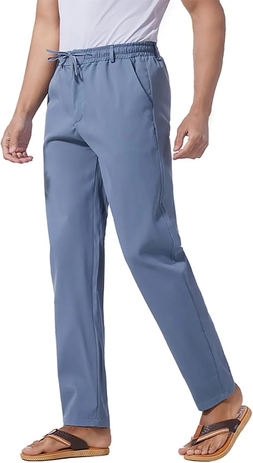 Men's Drawstring Linen Pants Lightweight Casual Regular Fit Elastic Waist Twill Pant Straight Summer Beach Trousers