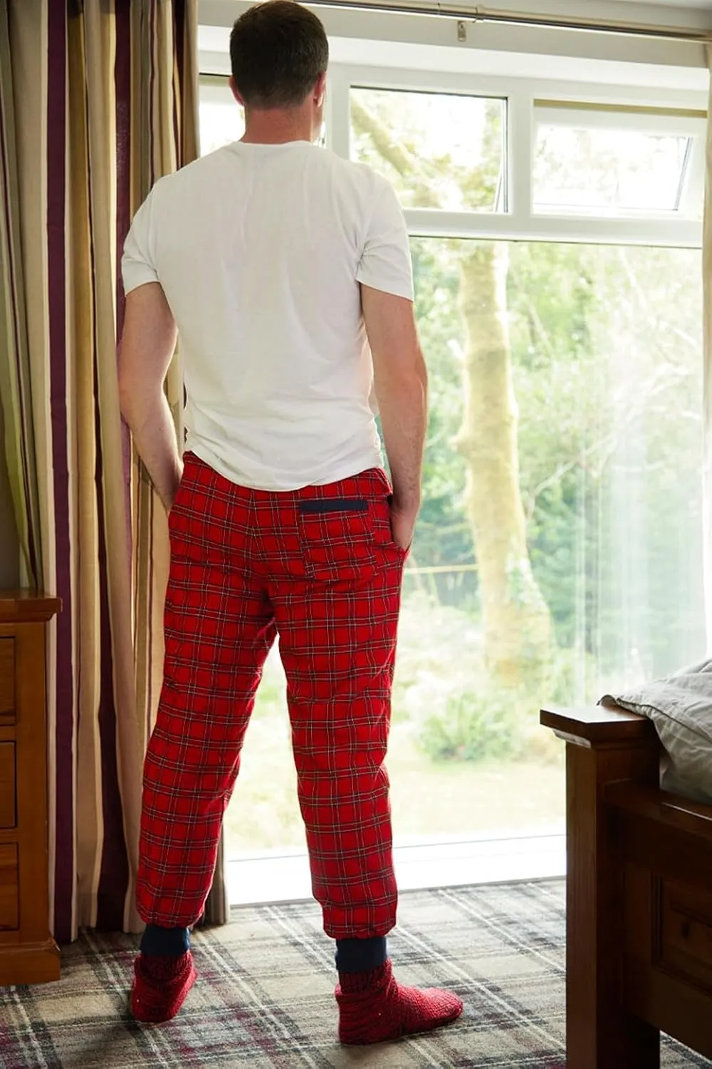 Men's Flannel Fleece Lined Lounge Pants 100% Cotton Men's Pajamas Red Tartan Royal Stewart Design