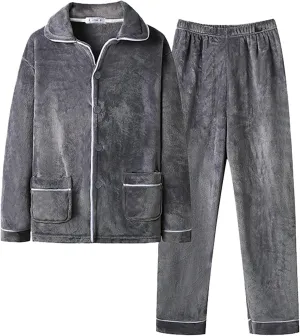 Mens Flannel Pajamas Sets Winter Cozy Warm Fleece Fuzzy Pjs 2Pc Lounge Pants Long Sleeve Button Up Home Loungewear