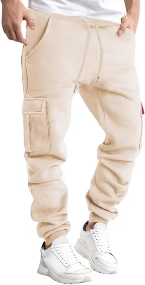 Mens Fleece Cargo Pants Sherpa Sweatpants Thermal Elastic Waist Lined Thick Track Warm Pants Joggers Sport Trousers