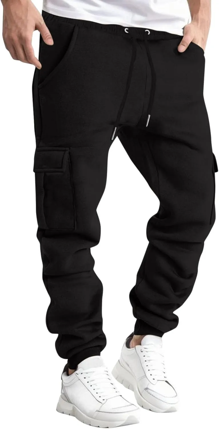 Mens Fleece Cargo Pants Sherpa Sweatpants Thermal Elastic Waist Lined Thick Track Warm Pants Joggers Sport Trousers