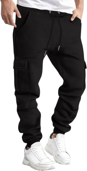 Mens Fleece Cargo Pants Sherpa Sweatpants Thermal Elastic Waist Lined Thick Track Warm Pants Joggers Sport Trousers
