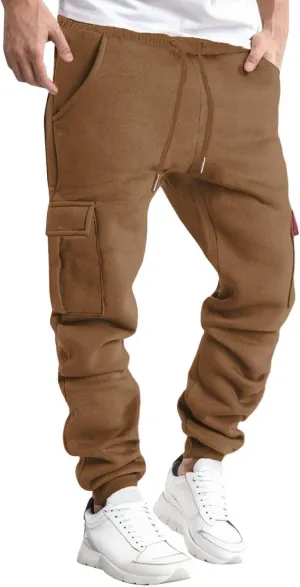 Mens Fleece Cargo Pants Sherpa Sweatpants Thermal Elastic Waist Lined Thick Track Warm Pants Joggers Sport Trousers