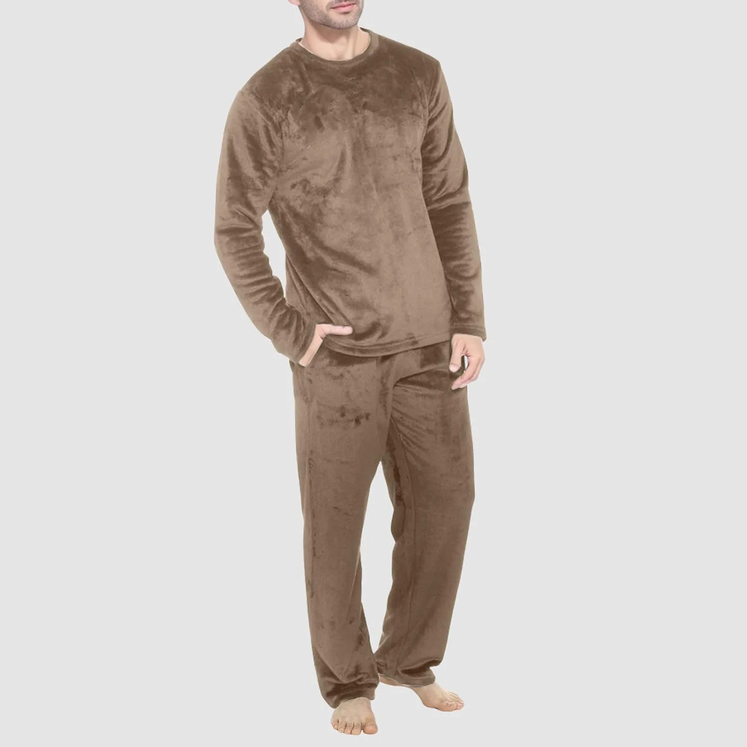 Mens Fleece Pajamas Set Winter Velvet Lounge Pants Long Sleeve Warm Sleepwear Soft Casual Comfortable Pjs Loungewear
