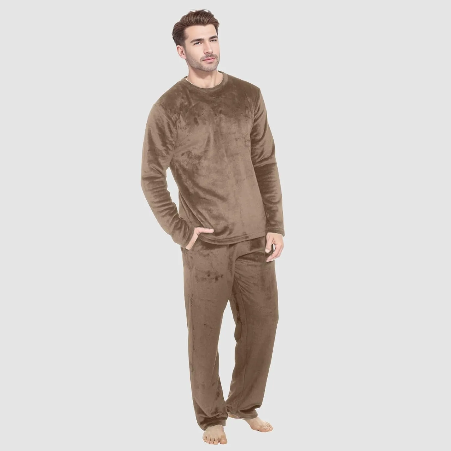 Mens Fleece Pajamas Set Winter Velvet Lounge Pants Long Sleeve Warm Sleepwear Soft Casual Comfortable Pjs Loungewear
