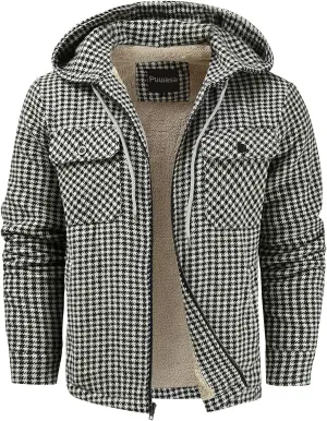 Men's Full Zip Flannel Jacket Sherpa Fleece Lined Hoodie Jacket Plaid Flannel Shirt Jackets with Pocket