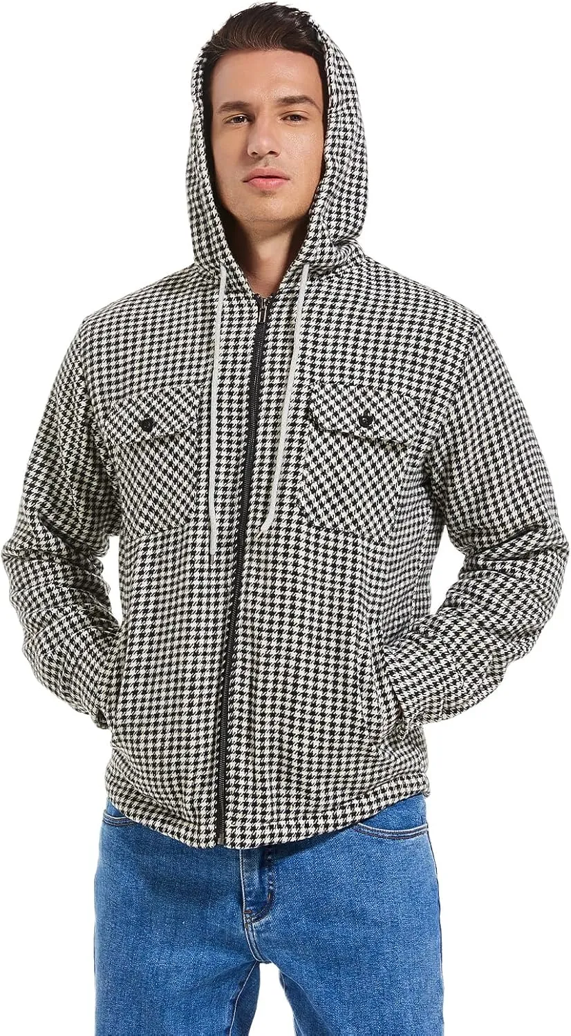 Men's Full Zip Flannel Jacket Sherpa Fleece Lined Hoodie Jacket Plaid Flannel Shirt Jackets with Pocket