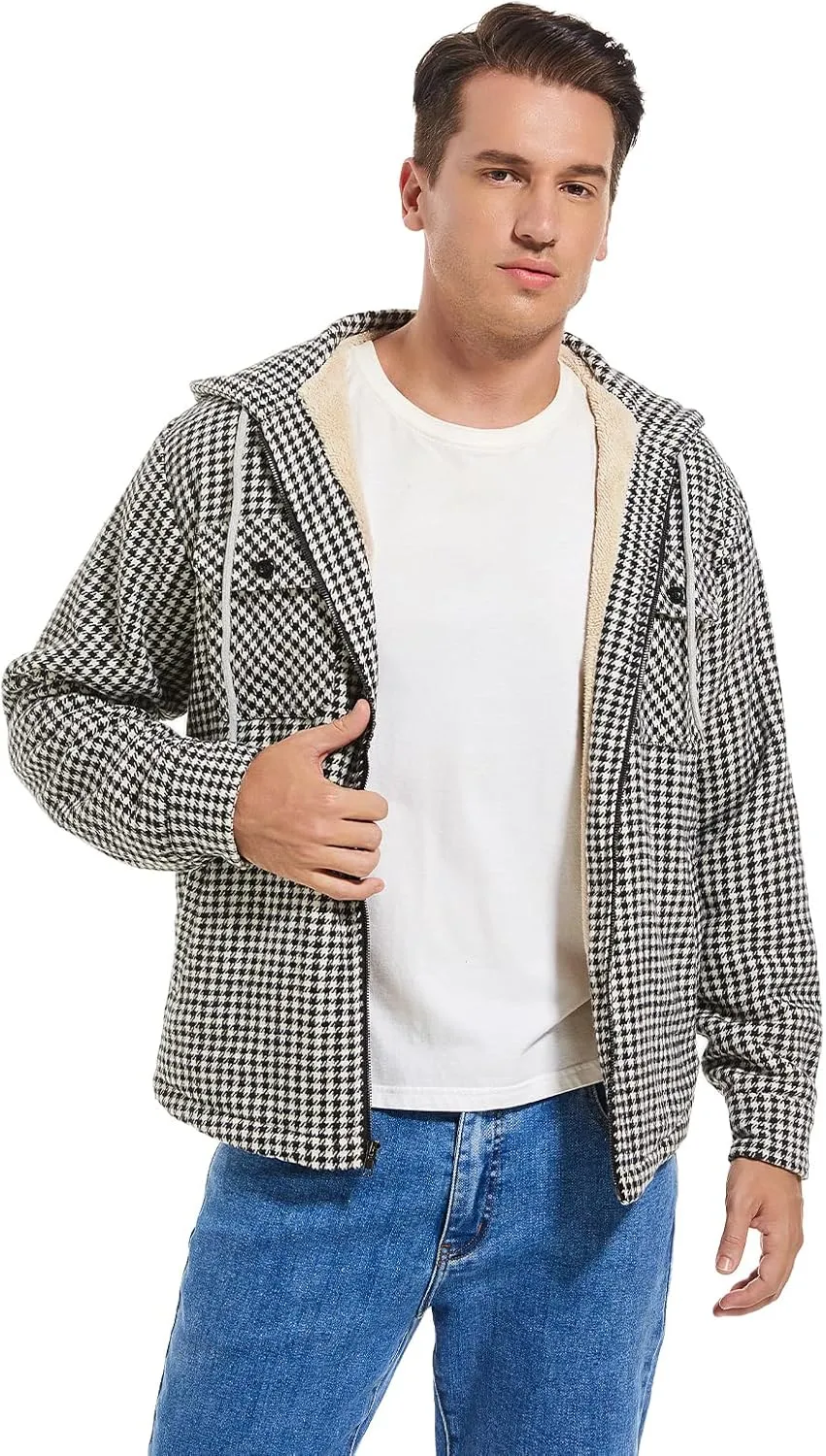Men's Full Zip Flannel Jacket Sherpa Fleece Lined Hoodie Jacket Plaid Flannel Shirt Jackets with Pocket