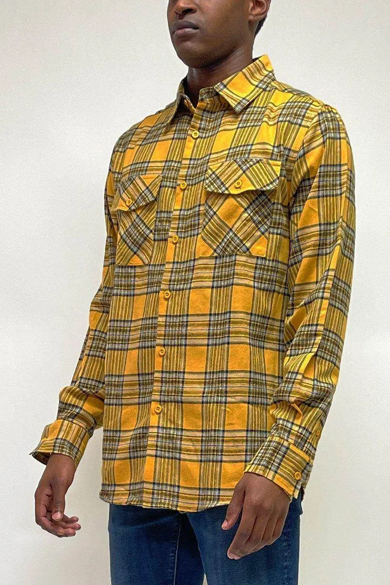 Mens Gold Yellow Plaid Flannel Long Sleeve Shirt