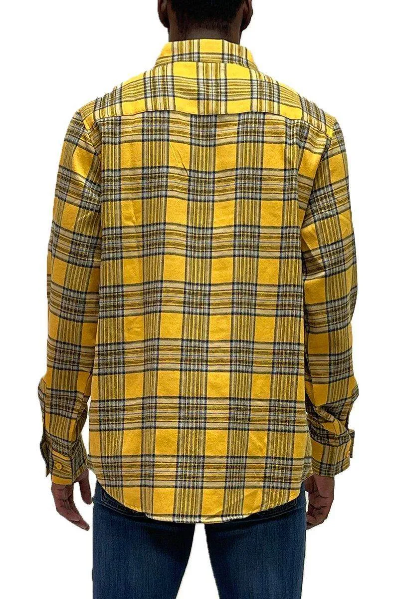 Mens Gold Yellow Plaid Flannel Long Sleeve Shirt