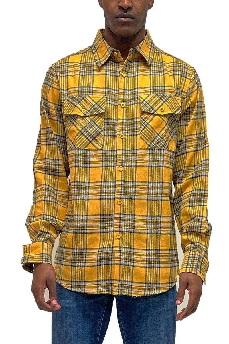 Mens Gold Yellow Plaid Flannel Long Sleeve Shirt
