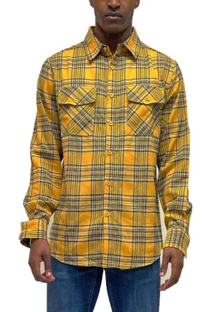 Mens Gold Yellow Plaid Flannel Long Sleeve Shirt
