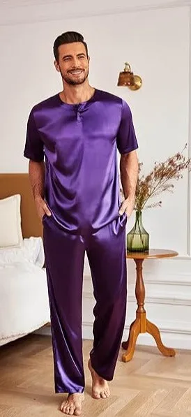 Men's Grey Satin Silk Short Sleeve Shirt & Pants Pajamas Set
