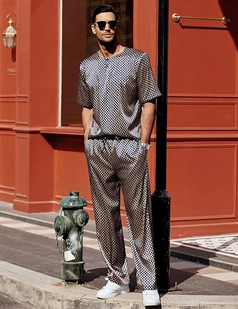 Men's Grey Satin Silk Short Sleeve Shirt & Pants Pajamas Set