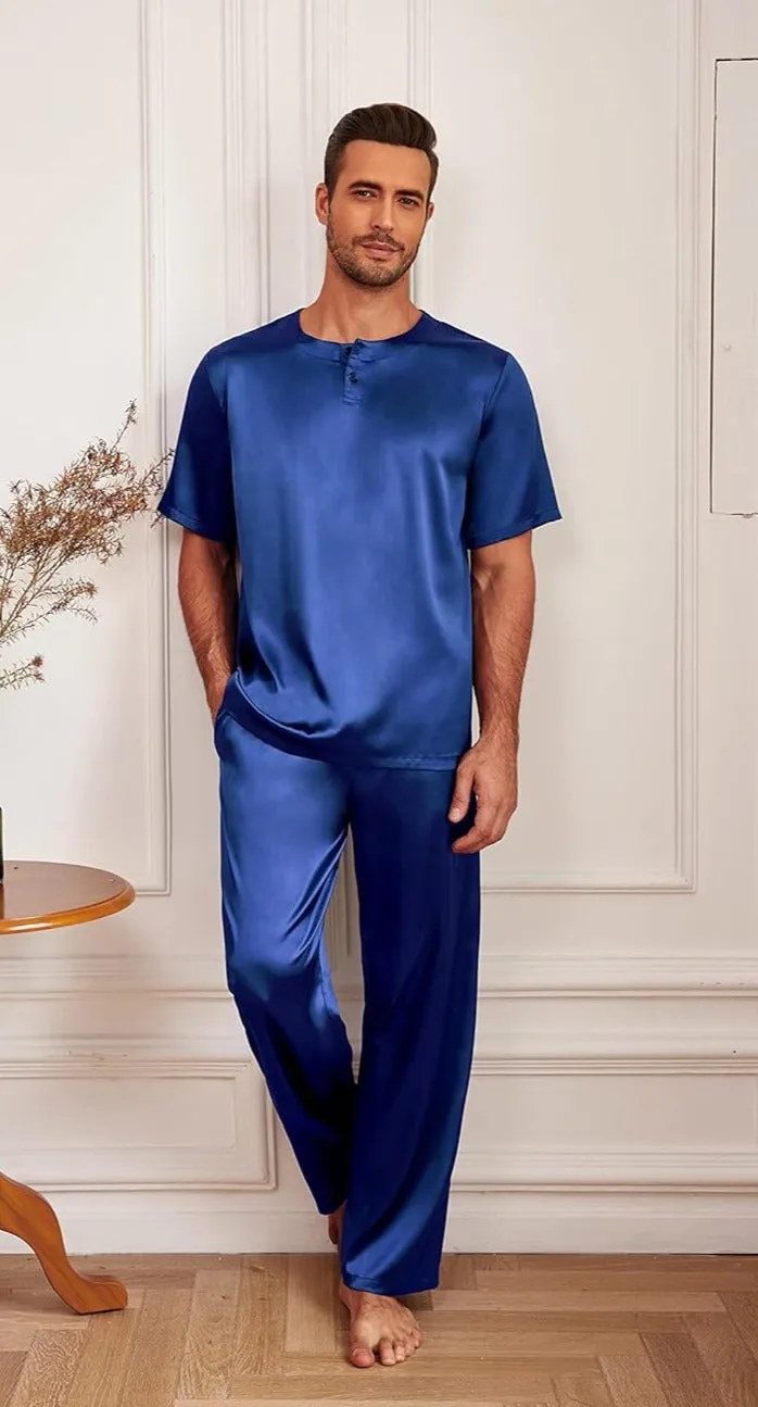 Men's Grey Satin Silk Short Sleeve Shirt & Pants Pajamas Set