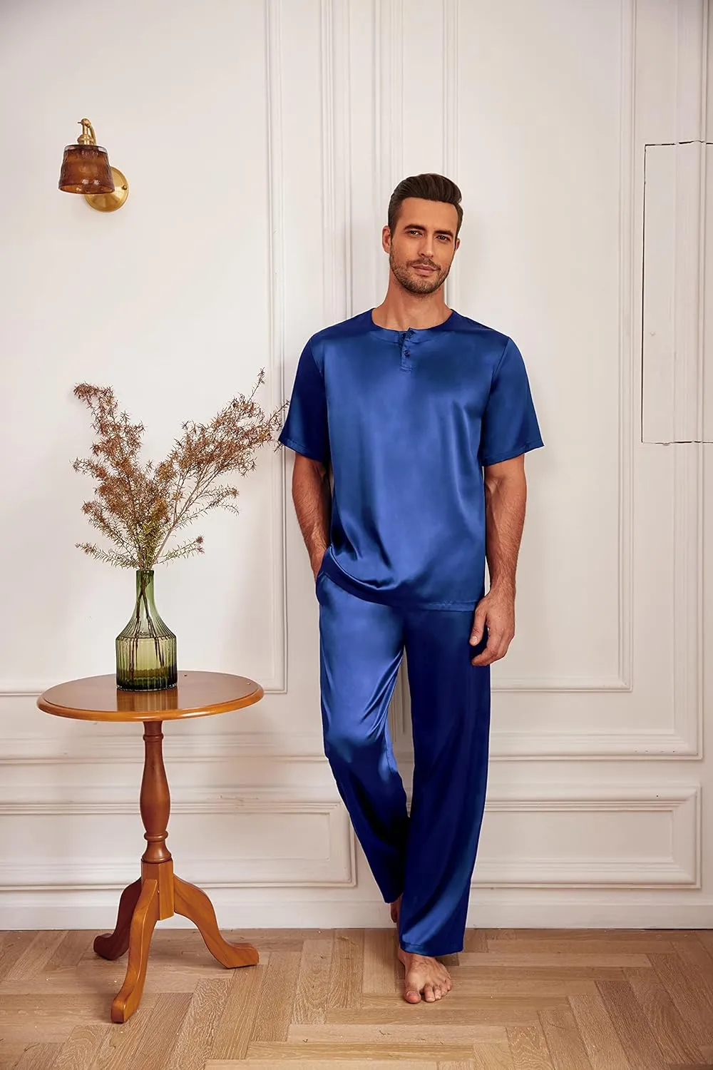 Men's Grey Satin Silk Short Sleeve Shirt & Pants Pajamas Set
