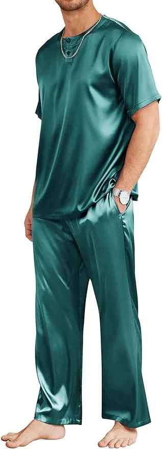 Men's Grey Satin Silk Short Sleeve Shirt & Pants Pajamas Set