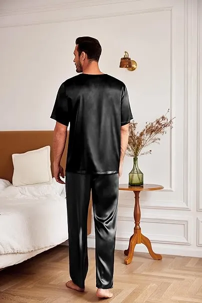Men's Grey Satin Silk Short Sleeve Shirt & Pants Pajamas Set