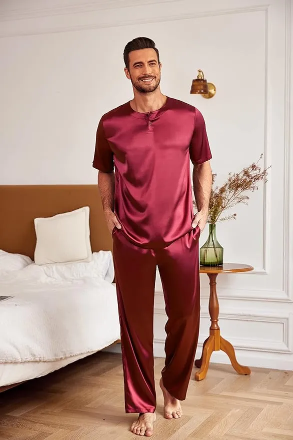 Men's Grey Satin Silk Short Sleeve Shirt & Pants Pajamas Set