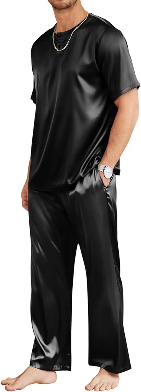 Men's Grey Satin Silk Short Sleeve Shirt & Pants Pajamas Set