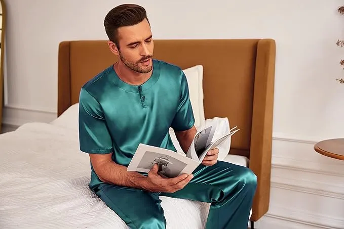 Men's Grey Satin Silk Short Sleeve Shirt & Pants Pajamas Set