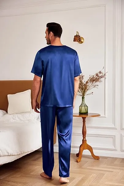 Men's Grey Satin Silk Short Sleeve Shirt & Pants Pajamas Set