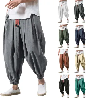 Mens Japanese Harem Pants Baggy Linen Jogger Elastic Waist Pants Drawstring Lightweight Hippie Summer Beach Trousers
