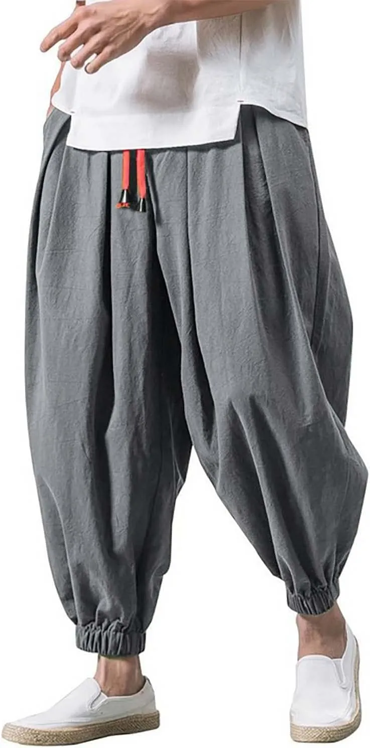 Mens Japanese Harem Pants Baggy Linen Jogger Elastic Waist Pants Drawstring Lightweight Hippie Summer Beach Trousers