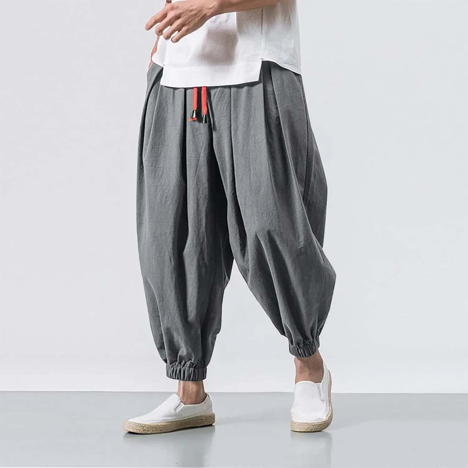 Mens Japanese Harem Pants Baggy Linen Jogger Elastic Waist Pants Drawstring Lightweight Hippie Summer Beach Trousers