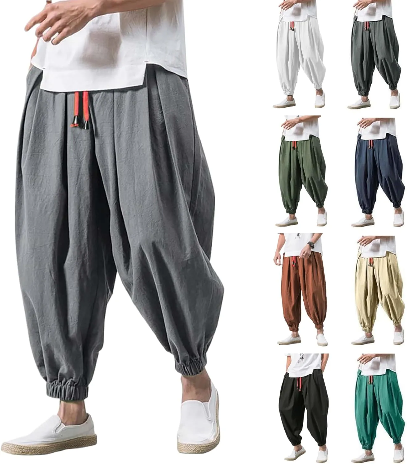 Mens Japanese Harem Pants Baggy Linen Jogger Elastic Waist Pants Drawstring Lightweight Hippie Summer Beach Trousers
