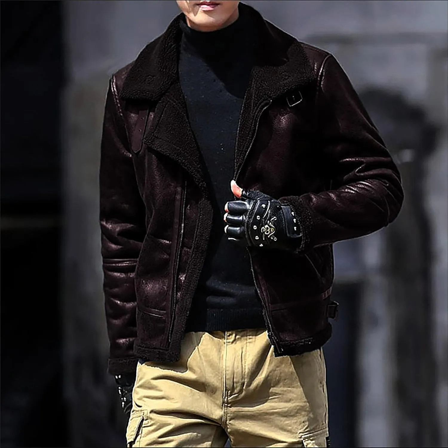Men's Leather Cotton Cargo Jacket Winter Sherpa Fleece Lined Work Jacket Coats Lapel Collar Motorcycle Classic Jackets