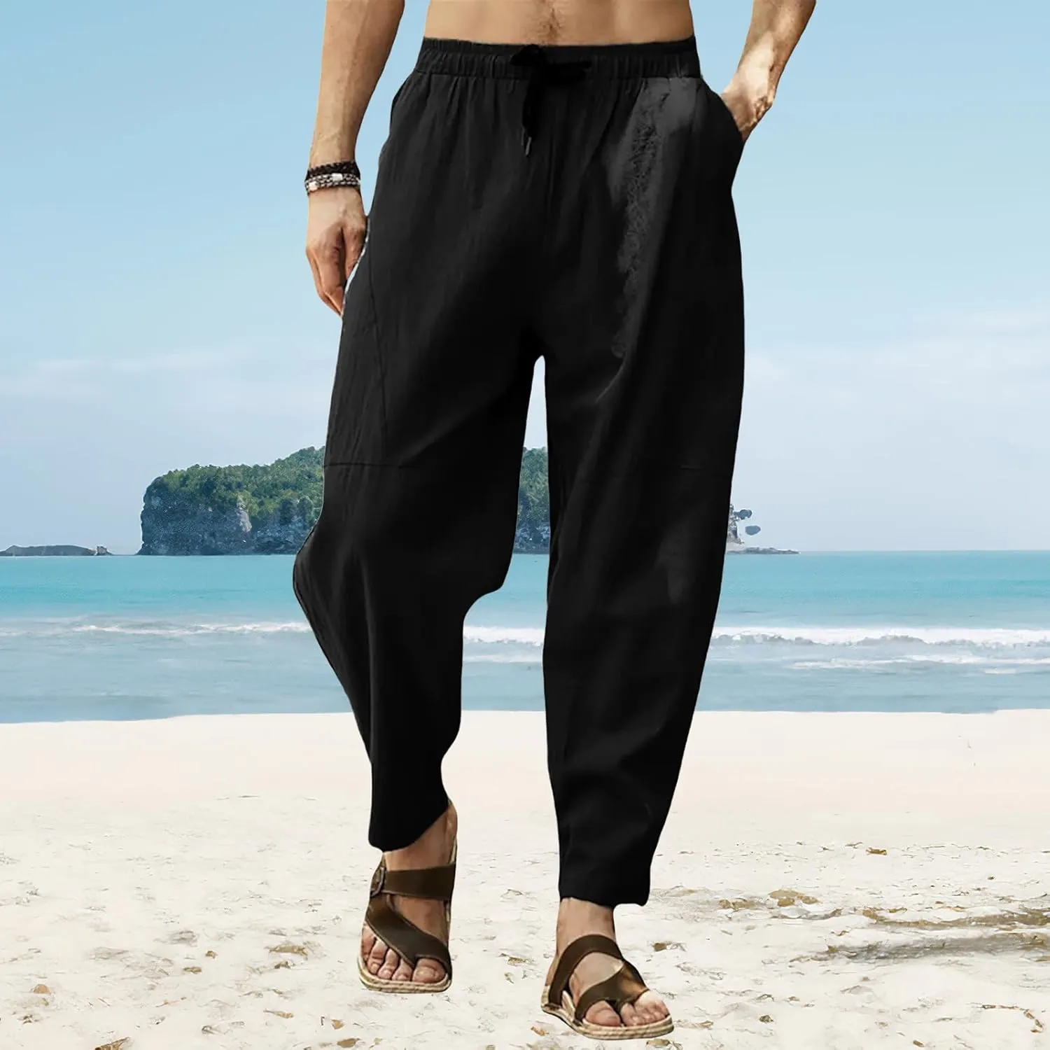 Mens Linen Harem Pants Loose Fit Drawstring Elastic Waist Pant Baggy Summer Casual Hippie Beach Yoga Short Pants