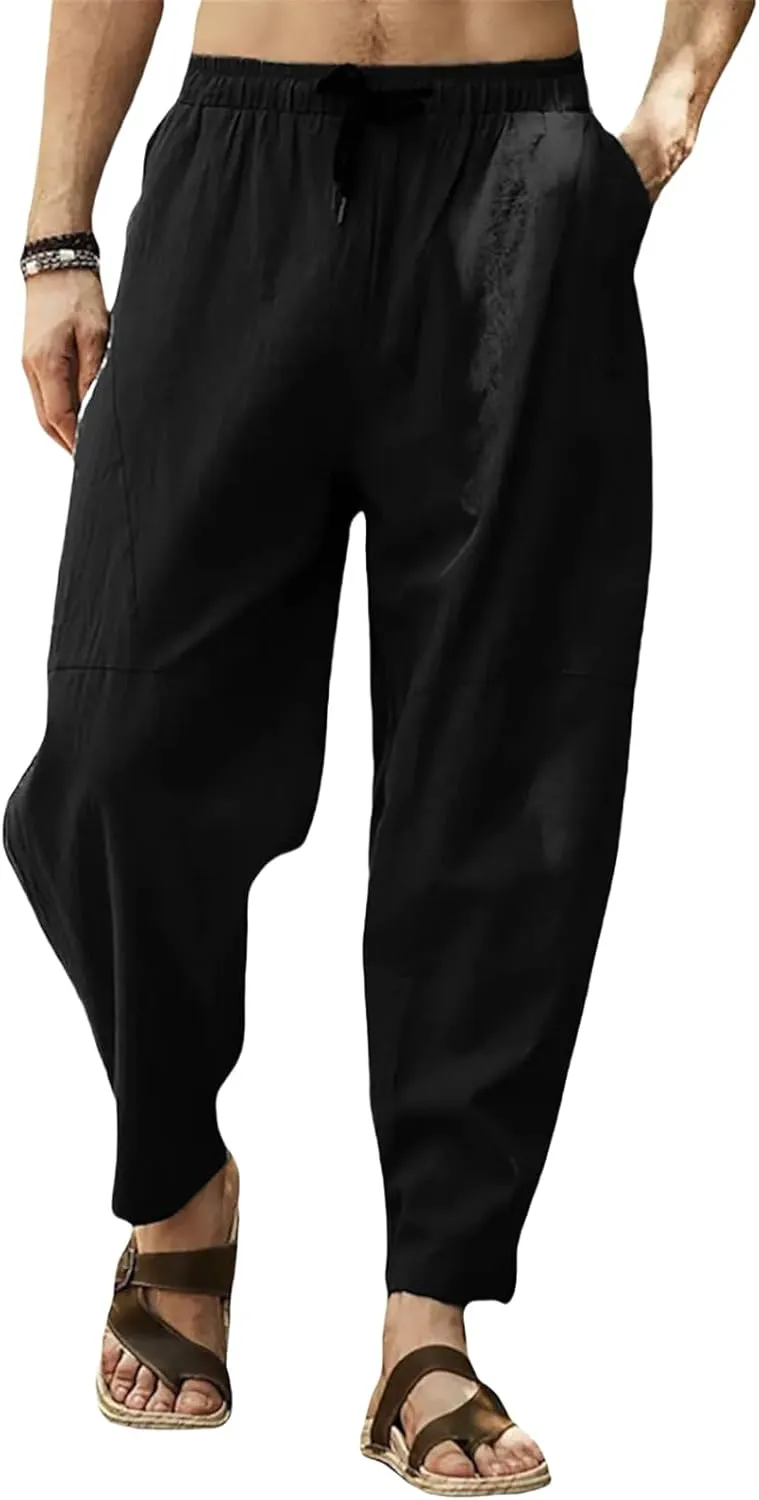 Mens Linen Harem Pants Loose Fit Drawstring Elastic Waist Pant Baggy Summer Casual Hippie Beach Yoga Short Pants