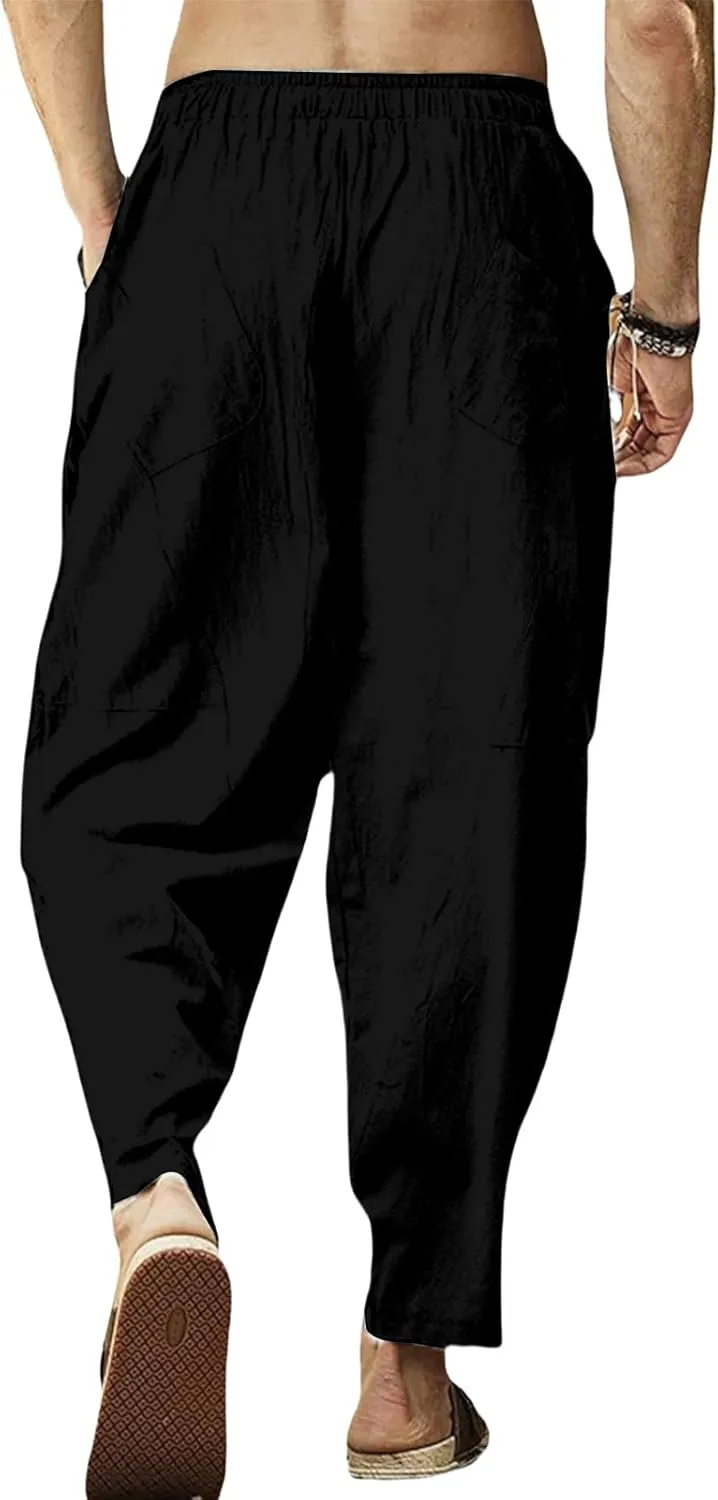 Mens Linen Harem Pants Loose Fit Drawstring Elastic Waist Pant Baggy Summer Casual Hippie Beach Yoga Short Pants