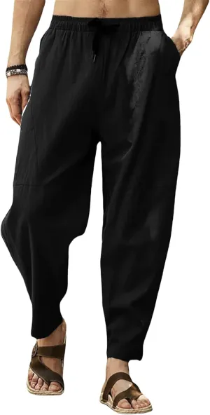 Mens Linen Harem Pants Loose Fit Drawstring Elastic Waist Pant Baggy Summer Casual Hippie Beach Yoga Short Pants