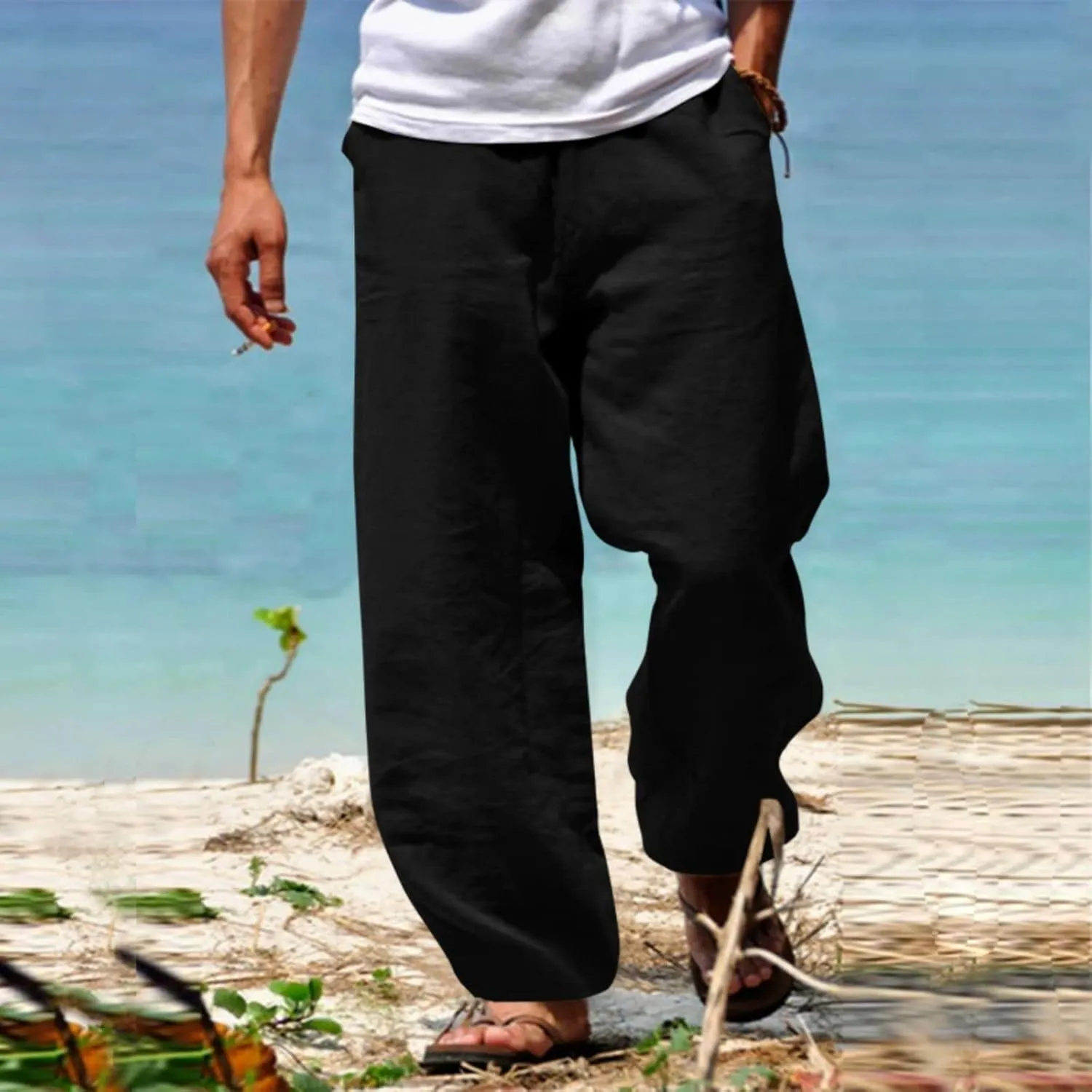 Mens Linen Lightweight Pants Summer Beach Elastic Waist Casual Jogger Yoga Pants with Drawstring and Pockets
