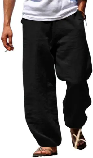 Mens Linen Lightweight Pants Summer Beach Elastic Waist Casual Jogger Yoga Pants with Drawstring and Pockets